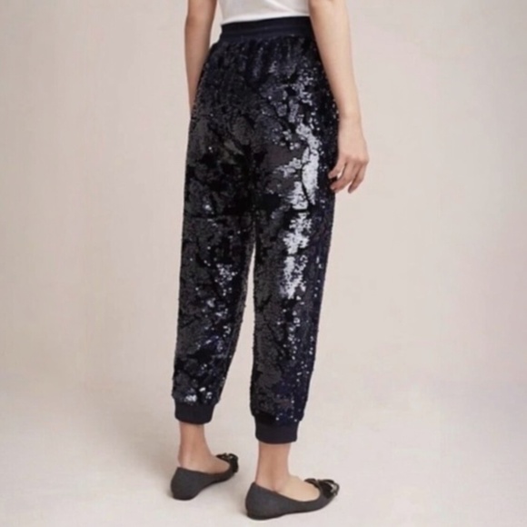 Like New! [ett:twa] Navy Blue Velvet X Sequin {Anthro} Stretch Jogger Pants | XL - Picture 14 of 14